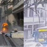 Imagem mostra uma rua de Copacabana, no Rio de Janeiro, com um foco de incêndio próximo à calçada após explosão em apartamento. Ao lado das chamas, há colchões e objetos espalhados. Na outra metade da imagem, um ônibus passa pela via em frente a prédios residenciais.