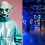 Foto de fantasia de alienígena ao lado de imagem da casa em Curitiba onde terá a festa