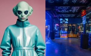 Foto de fantasia de alienígena ao lado de imagem da casa em Curitiba onde terá a festa