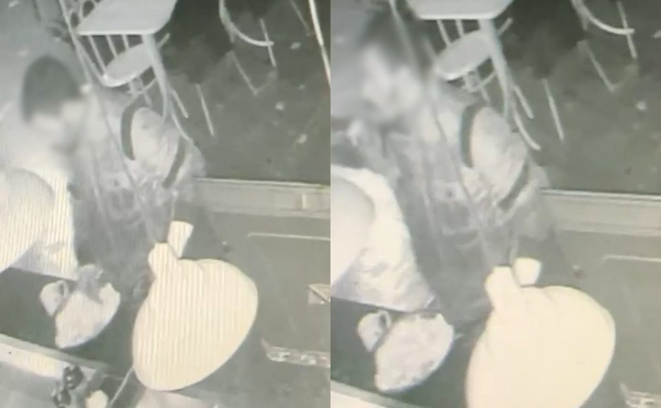 foto montagem mostra o homem flagrado comendo durante furto em curitiba. na primeira foto, ele aparece olhando para o prato de comida. na segunda, levando o alimento à boca.