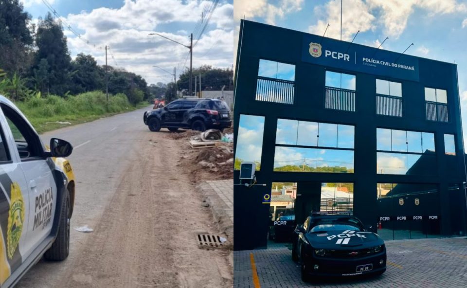 Local onde polícia procura homem preso que fugiu de delegacia e distrito policial ao lado onde suspeito fugiu em montagem