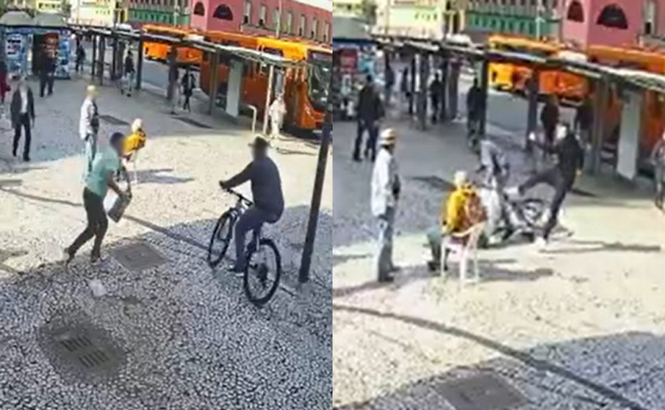 Sequência de imagens de câmera de segurança mostra homem tentando impedir um assalto praticado por um suspeito de bicicleta na Praça Rui Barbosa, no Centro de Curitiba.