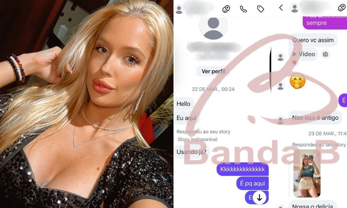 Foto da influenciadora Larissa Ferrari ao lado de prints enviado da suposta conversa entre ela e o zagueiro casado do Coritiba