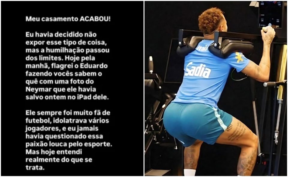 Colagem de imagens com texto da influenciadora que teria terminado casamento por causa de foto de Neymar.