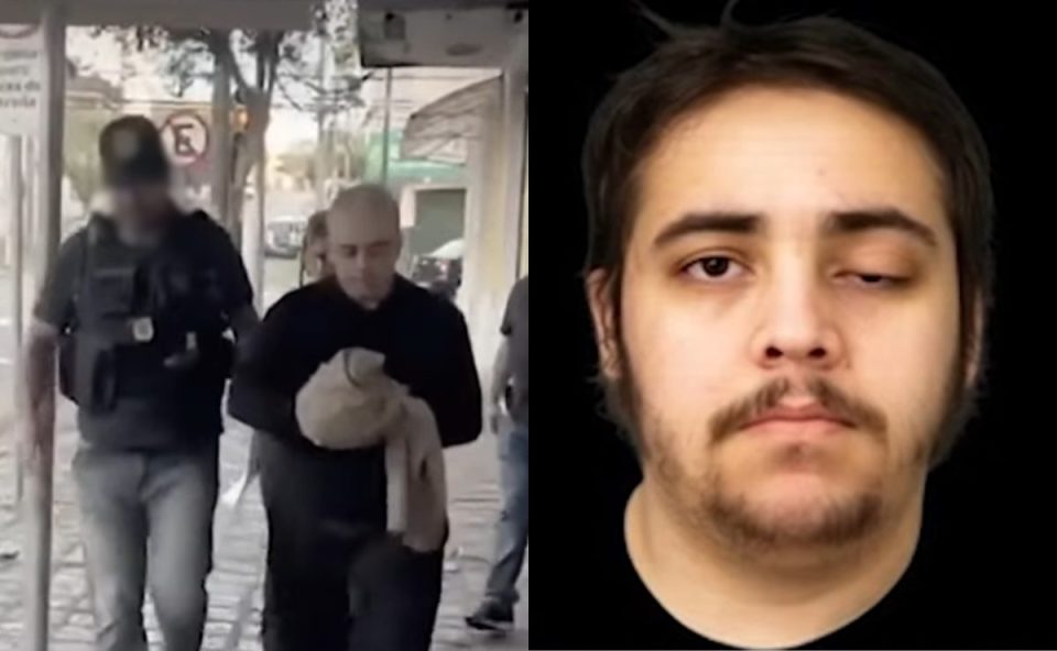 Montagem mostra Luiz Eduardo em foto de identificação e, ao lado, imagem de sua prisão durante uma investigação da Polícia Civil em 2023.