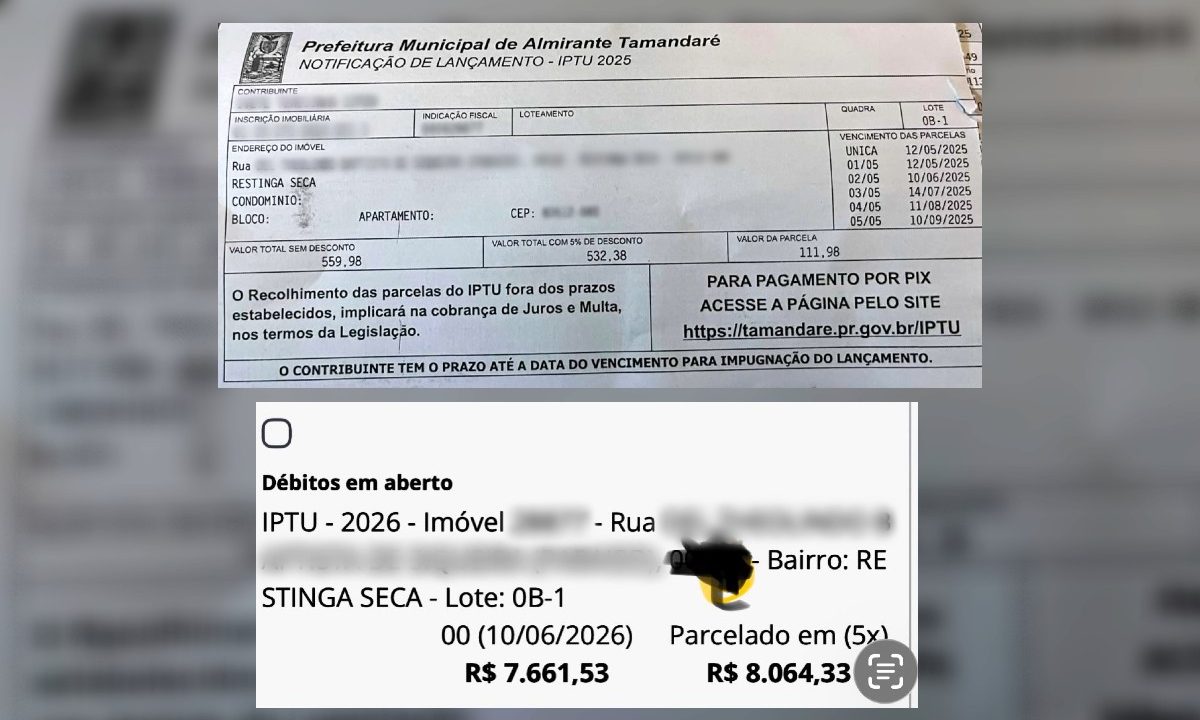 Moradores de Almirante Tamandaré relatam aumentos expressivos no IPTU de 2026. A image mostra os carn~es de uma moradora.