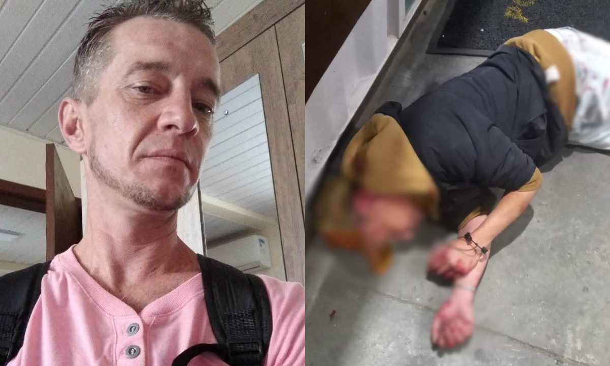 Foto montagem mostra Leandro, o filho desaparecido. Segunda foto mostra o homem agredido na CIC. Mãe do desaparecido acredita que seja a mesma pessoa. Primeira foto mostra o homem com camiseta rosa e mochila. Segunda foto mostra o homem caído no chão, com boné, machucado e usando moletom e calça jeans.
