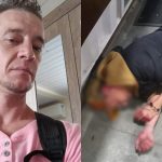 Foto montagem mostra Leandro, o filho desaparecido. Segunda foto mostra o homem agredido na CIC. Mãe do desaparecido acredita que seja a mesma pessoa. Primeira foto mostra o homem com camiseta rosa e mochila. Segunda foto mostra o homem caído no chão, com boné, machucado e usando moletom e calça jeans.