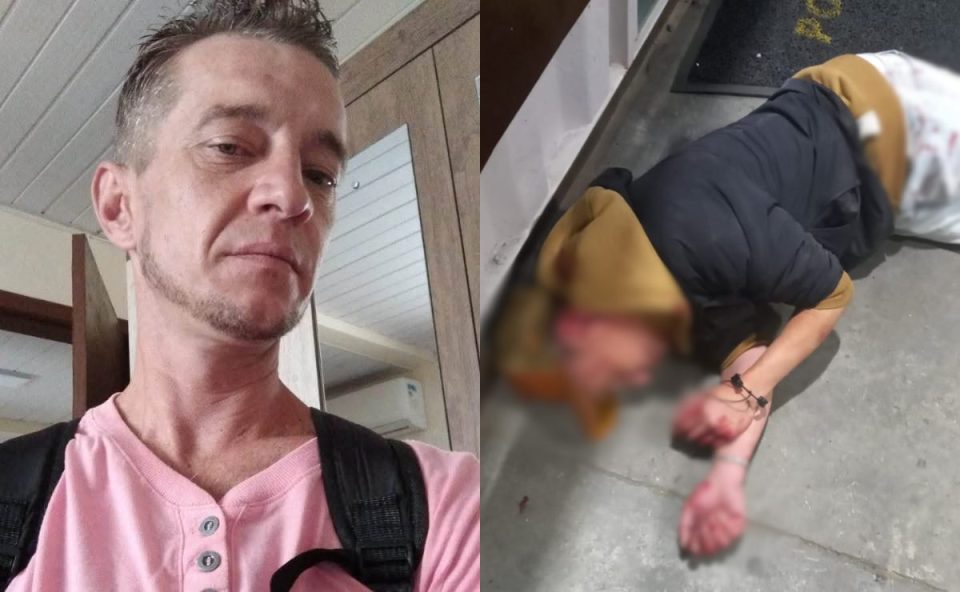 Foto montagem mostra Leandro, o filho desaparecido. Segunda foto mostra o homem agredido na CIC. Mãe do desaparecido acredita que seja a mesma pessoa. Primeira foto mostra o homem com camiseta rosa e mochila. Segunda foto mostra o homem caído no chão, com boné, machucado e usando moletom e calça jeans.