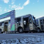 Ônibus novos alinhados lado a lado destinados ao reforço da frota do transporte coletivo da Região Metropolitana de Curitiba (RMC).