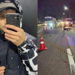 Colagem de duas fotos mostra, à esquerda, jovem motociclista que morreu atropelado no Contorno Sul posando para foto que ele mesmo tira em frente ao espelho. Ele usa blusa, capuz e boné. Celular esconde metade do rosto dele. À direita, foto mostra local do acidente e corpo da vítima