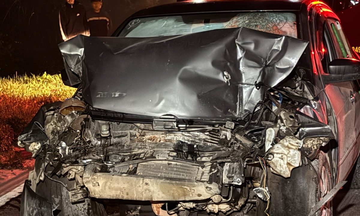 Foto mostra carro de motorista que morreu após batida contra traseira de caminhão completamente amassada na Rodovia dos Minérios