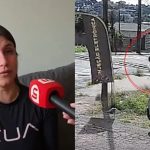 Colagem de duas fotos mostra, à esqueda, mulher que salvou homem de ser atropelado por trem dando entrevista. À direita, imagem de câmera de segurança mostra momento em que ela o ajuda.