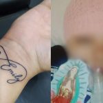 Montagem mostra, à esquerda, uma tatuagem com o nome "Emily" feita por uma vítima do golpe em Curitiba. À direita, imagem da mulher que fingia ser adolescente em tratamento contra câncer, usando máscara de oxigênio e com aparência de paciente hospitalar.