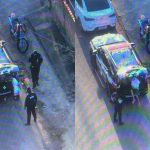 Imagem aérea mostra equipes da Polícia Civil durante cumprimento de mandado em uma residência de Cruzeiro do Oeste. Viatura policial, motocicleta e agentes aparecem no local da operação.