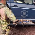 Foto mostra policial ao lado de viatura da PRF com carga de 12 kg de cocaína apreendida no carro de pai e filha, que foram presos