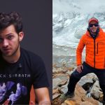 Foto montagem mostra o paranaense que escalou o Monte Everest. Primeira foto mostra ele com camiseta preta. Ele está sentado em uma cadeira. Segunda foto mostra o paranaense durante a escalada. Ele usa blusa laranja, está com touca, óculos e calça preta. Usa botas.