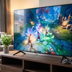 Smart TV exibindo um jogo de videogame em uma sala de estar, ao lado de um console PlayStation 5 sobre um rack de madeira.