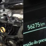 Imagem dividida em duas partes mostra o compartimento do motor de um veículo e o painel com a marcação de 56.275 quilômetros no hodômetro, ilustrando problemas mecânicos e suspeitas de adulteração de quilometragem em carros usados.