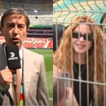 Trechos do vídeo em que o repórter argentino Marcelo Benedetto, da DPSORTS, abandona a transmissão para tirar foto com Shakira. À esquerda, ele está com o microfone da emissora e falando com a câmera; à direita, ele está ao lado da cantora.