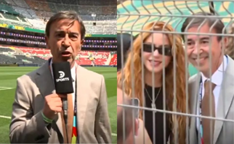 Trechos do vídeo em que o repórter argentino Marcelo Benedetto, da DPSORTS, abandona a transmissão para tirar foto com Shakira. À esquerda, ele está com o microfone da emissora e falando com a câmera; à direita, ele está ao lado da cantora.