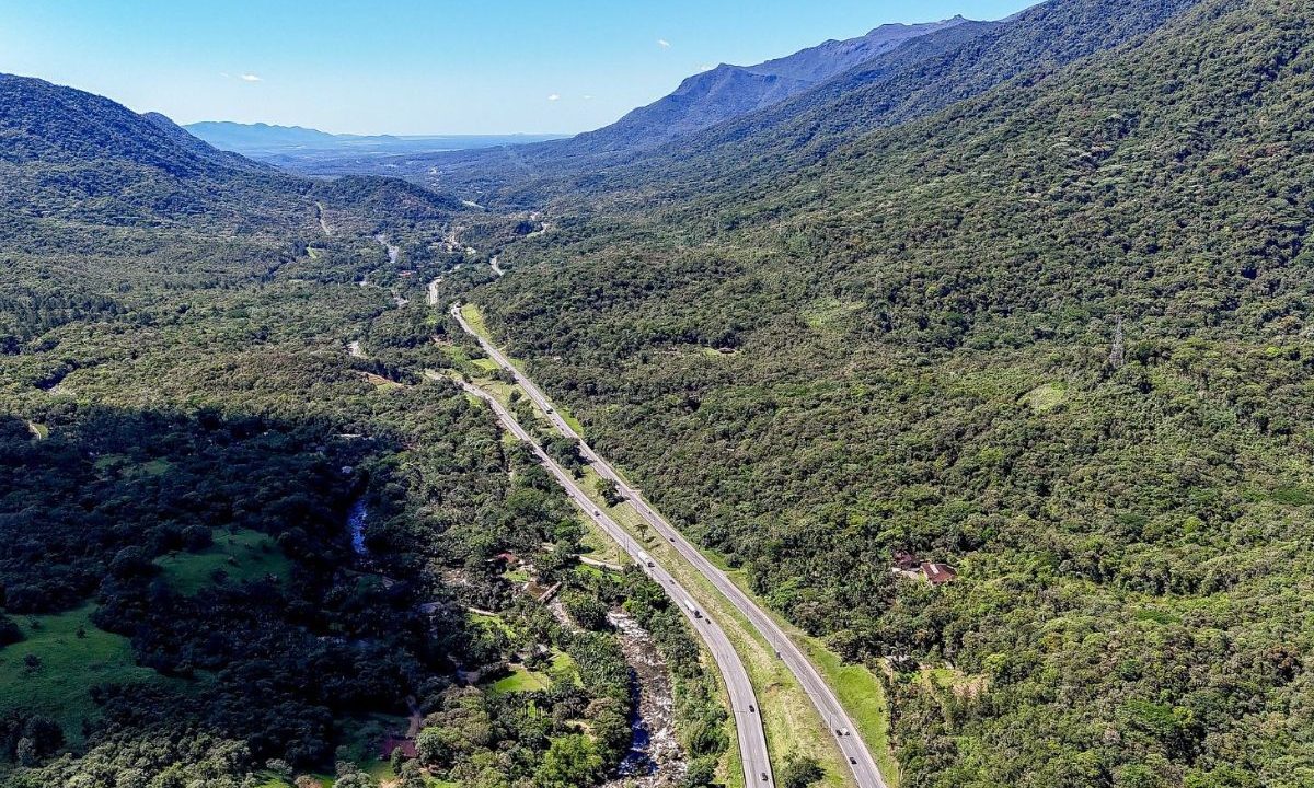 Imagem ilustrativa para o movimento nas rodovias do Paraná durante o feriado de Corpus Christi. Foto tirada de cima mostra uma rodovia em meio a area de vegetação.