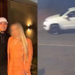 Imagem mostra o suspeito de ataque contra influenciadora saindo em caminhonete branca, e vítima do homicídio.