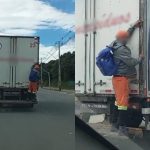 Imagens mostram trabalhador pegando carona em caminhão na Grande Curitiba.