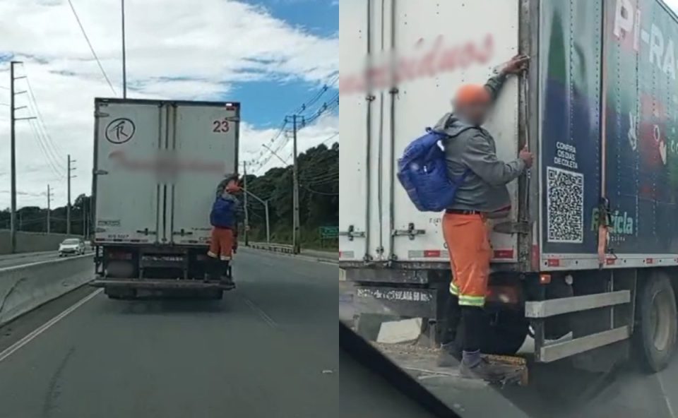 Imagens mostram trabalhador pegando carona em caminhão na Grande Curitiba.