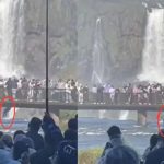 Duas fotos capturadas de vídeo gravado por testemunha mostra momento em que turista brasileira pula nas águas da Cataratas do Iguaçu para resgatar celular que havia caído