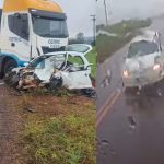 Destroços de carro após tragédia com uma carreta na região de Cianorte. Vídeo foi registrado por câmeras instaladas no caminhão e resultou na morte de duas pessoas.