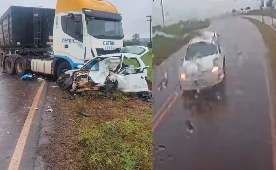 Destroços de carro após tragédia com uma carreta na região de Cianorte. Vídeo foi registrado por câmeras instaladas no caminhão e resultou na morte de duas pessoas.