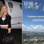 Virginia Fonseca posa na escada de seu avião particular após desembarcar em Nova York, nos Estados Unidos, para acompanhar a Copa do Mundo de 2026.