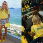 Virginia posando com a camiseta da seleção brasileira. À esquerda, ela está na sacada de um apartamento com uma praia ao fundo; à direita, ela está no Maracanã assistindo ao jogo do Brasil, onde recebeu vaias e xingamentos.